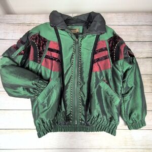 Braetan Vintage 80s Colorblock Bomber Jacket jewel tone Green Velvet Burgundy L